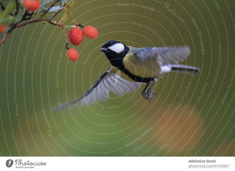 Kohlmeise fliegt zu Beeren in natürlicher Umgebung Vogel parus major Flug mitten im Flug Flügel Aufstrich rot nähern grün verschwommener Hintergrund Natur