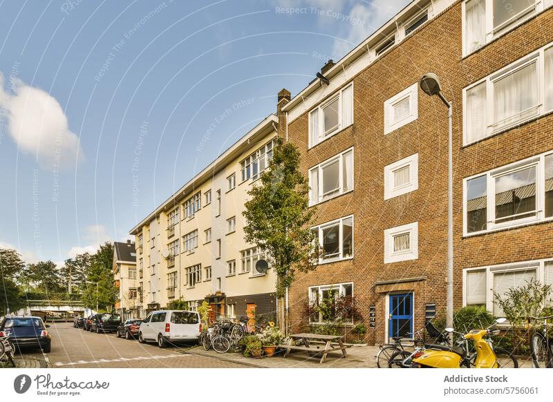 Ruhige Wohnstraße mit Wohnhäusern und parkenden Autos wohnbedingt Straße Appartement Gebäude PKW geparkt Fahrrad sonnig friedlich modern urban Gehäuse Fassade