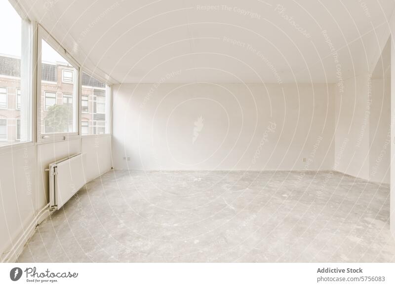 Leerer weißer Raum mit großem Fenster und natürlichem Licht leer natürliches Licht Innenbereich Design Grundbesitz Attrappe minimalistisch geräumig hell Wand