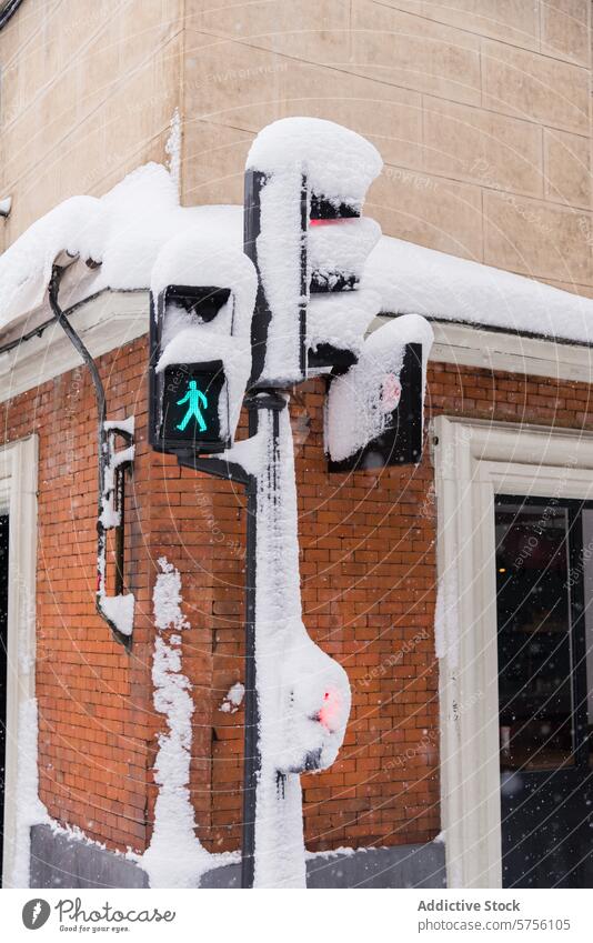Schneebedeckte Ampel in der Stadt Madrid Fußgänger Winter Großstadt Straße Schneefall urban kalt Wetter Klima weiß Fußgängerzeichen Sicherheit Zebrastreifen