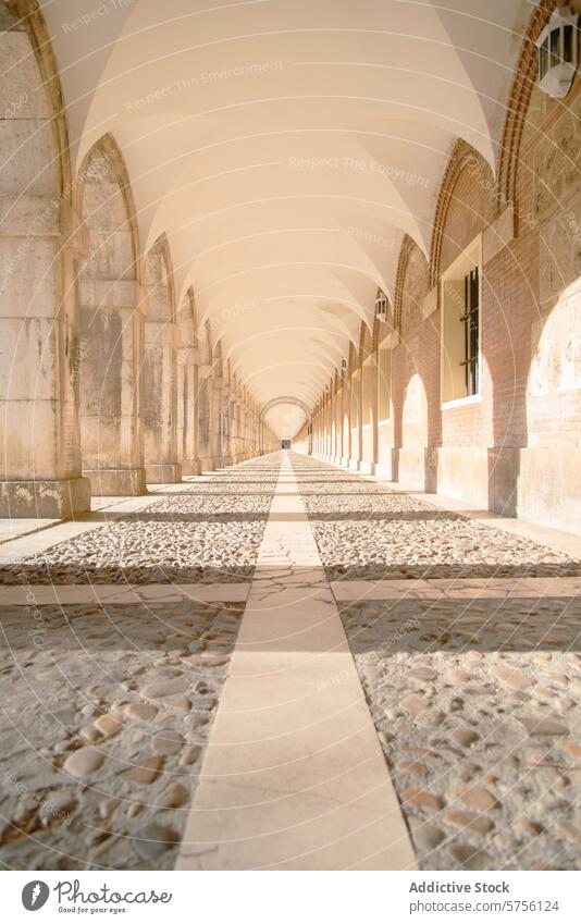 Eine perspektivische Ansicht der sonnenbeschienenen Bögen des Königspalastes von Aranjuez, die die Symmetrie und die Schönheit der spanischen Architektur widerspiegeln
