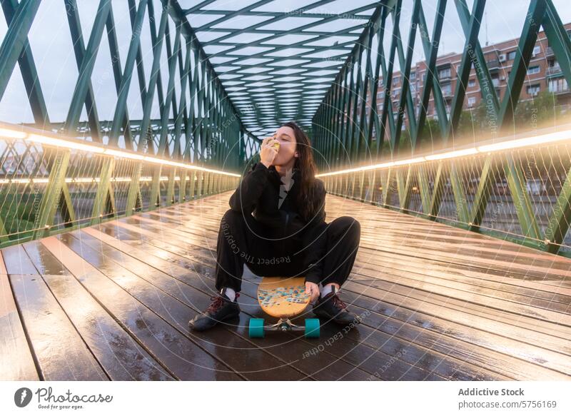 Eine junge Skateboarderin nimmt sich einen Moment Zeit, um einen frischen Apfel zu genießen, während sie auf ihrem Longboard auf einer architektonisch beeindruckenden Brücke in der Abenddämmerung sitzt