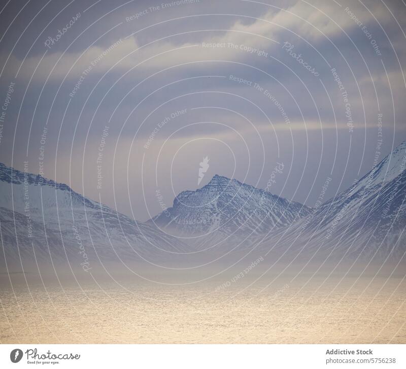 Schneegipfel unter dunstigem isländischen Himmel Island Berge u. Gebirge Gipfel Nebel Landschaft Natur kalt ruhig Gelassenheit Winter Frost schemenhaft subtil