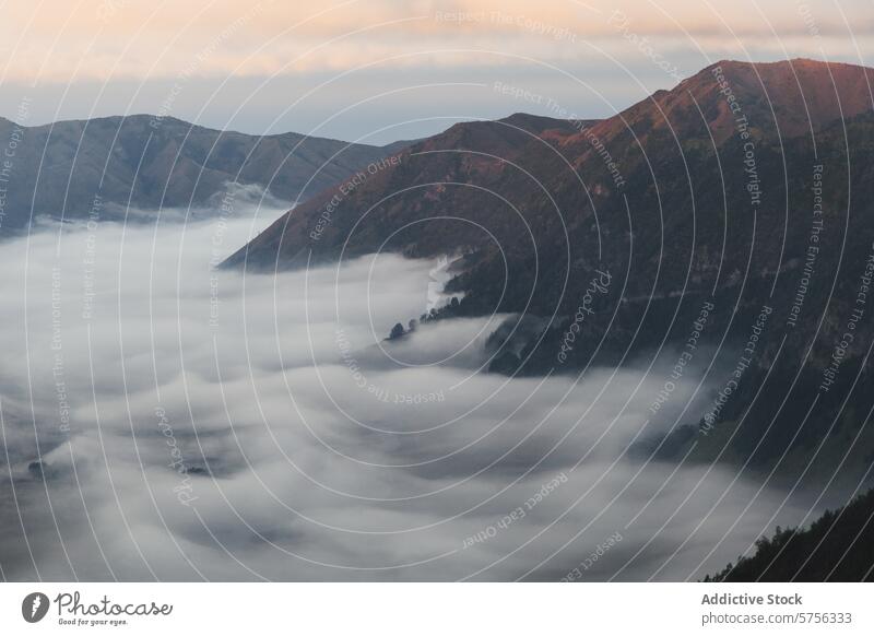 Neblige Bergdämmerung in Indonesien Berge u. Gebirge Morgendämmerung Nebel Landschaft Gelassenheit Licht Hügel glühen Natur reisen im Freien Ansicht Ruhe Tal