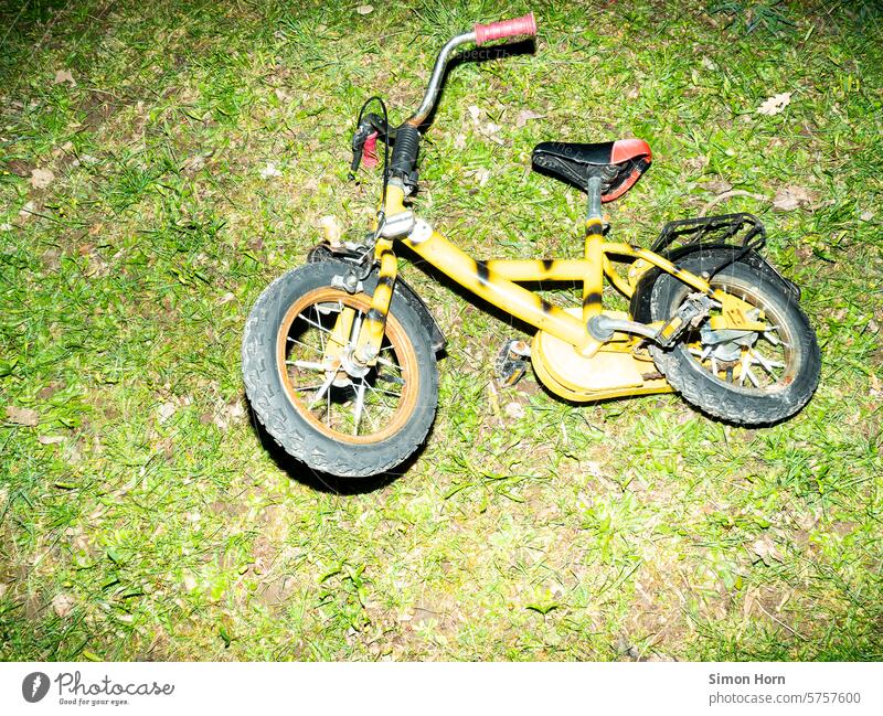 Kinderfahrrad liegt auf einer Rasenfläche Kindheit rumliegen Fahrrad Freizeit Spielzeug Wiese Fortbewegung Freiheit Bewegung Bewegungsdrang Freizeit & Hobby