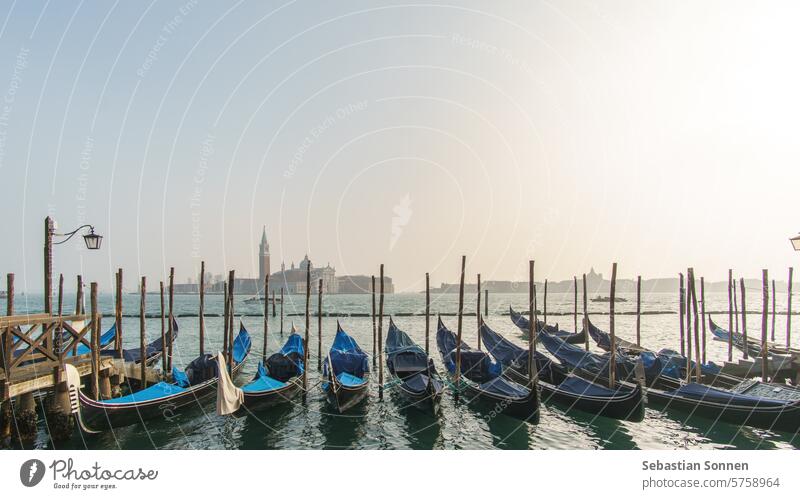 Blaue Gondeln auf einem Pier am Markusplatz an einem sonnigen Wintertag, Venedig, Venetien, Italien Boot reisen Kanal Wasser Gondellift romantisch berühmt