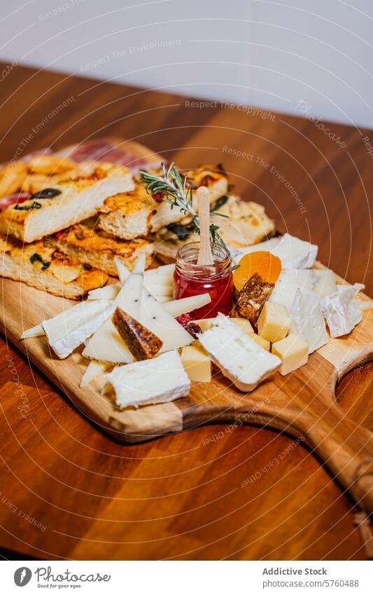 Eine einladende Käseplatte mit einer Auswahl an Käsesorten, Crackern und einem Glas roter Marmelade, bereit für eine Gourmetverkostung Sortiment Feinschmecker