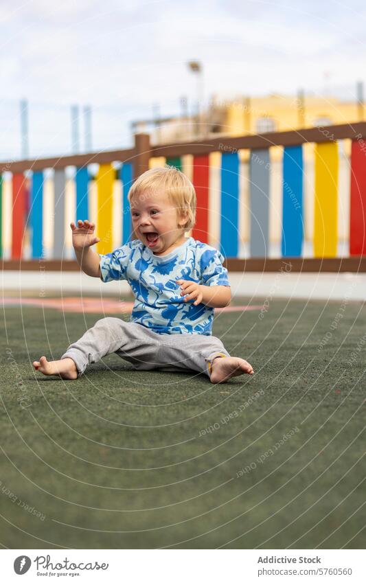 Fröhliches Baby mit Down-Syndrom spielt auf dem Spielplatz Freude Lachen Sitzen farbenfroh Zaun Spielzeit Kind Kleinkind Fröhlichkeit im Freien Aktivität allein