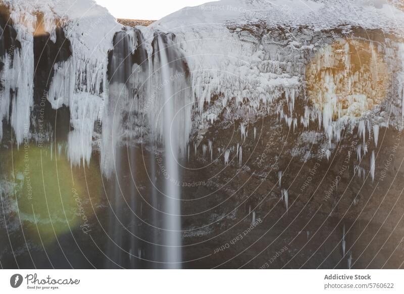 Nahaufnahme eines majestätischen isländischen Wasserfalls, dessen Kaskaden von markanten Eiszapfen und Schnee eingerahmt werden und die kalte Schönheit des Winters verkörpern