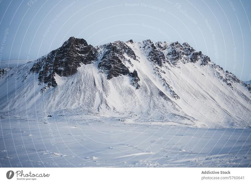 Die beeindruckende Schönheit der isländischen Berge wird eingefangen, wobei die zerklüfteten Gipfel in eine Decke aus unberührtem Schnee vor einem blassen Himmel gehüllt werden.