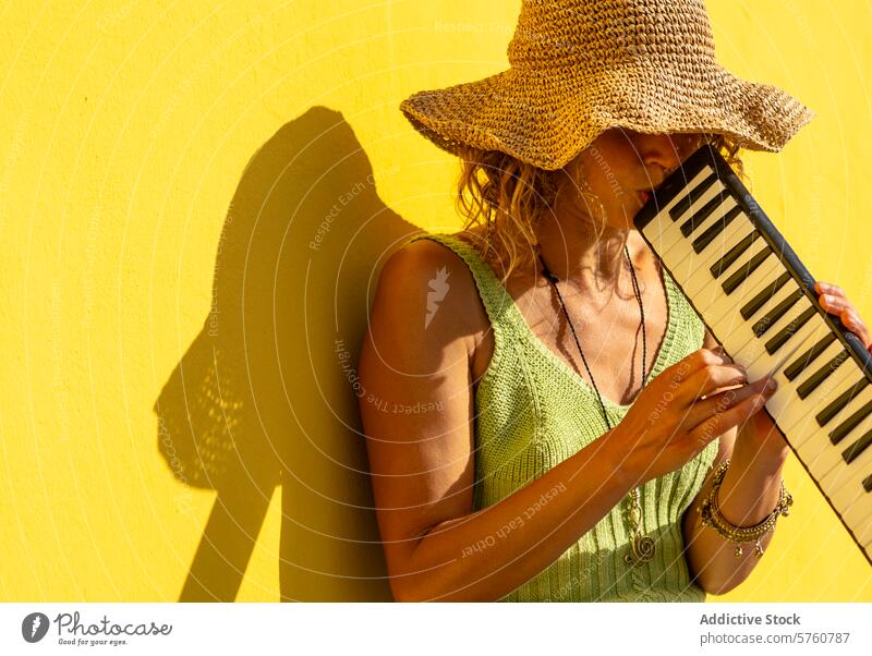Straßenmusiker spielt Keyboard gegen gelbe Wand Musik Leistung Schatten sonnig im Freien Strohhut Melodika Frau Künstler Stadt kulturell Lifestyle Hobby Talent