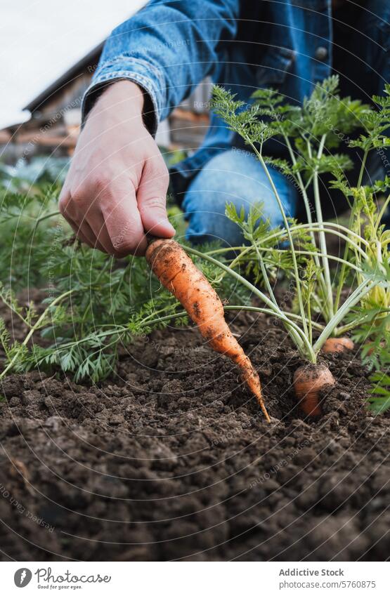Frische Möhrenernte im Bio-Hausgarten Garten Ernte Hand Boden frisch organisch hausgemacht produzieren nachhaltig lebend Gemüse Ackerbau Bodenbearbeitung