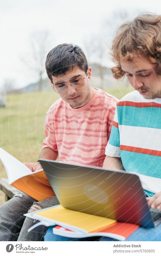 Zwei Transgender-Männer, ein liebendes schwules Paar, sind in ihre Studien vertieft, umgeben von Büchern und einem Laptop in einem ruhigen Park lernen Buch