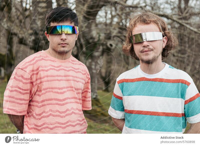 Zwei Männer stehen Seite an Seite und strahlen mit ihren kühnen verspiegelten Sonnenbrillen vor einer natürlichen Kulisse im Freien Selbstbewusstsein und Stil aus.