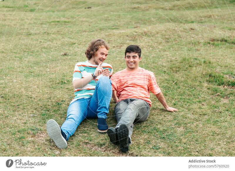 Ein schwules Paar, beide Transgender-Männer, entspannt sich und lacht gemeinsam auf einer Wiese und zeigt eine herzliche, offene Verbindung lachen Gras