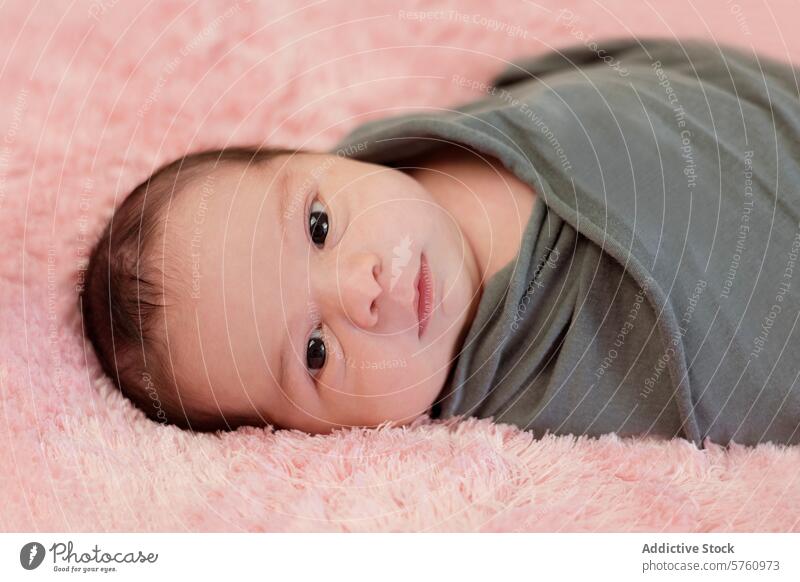 Eine Woche altes neugeborenes Mädchen Baby Decke rosa Plüsch weich gemütlich mit großen Augen Säugling niedlich bezaubernd Kind wenig jung Geburt Leben Beginn