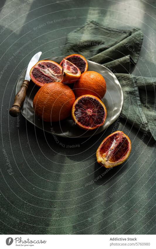 Rustikales Blutorangen-Setup auf dunklem Hintergrund Frucht Teller rustikales Messer grünes Tuch Vor dunklem Hintergrund Zitrusfrüchte frisch geschnitten