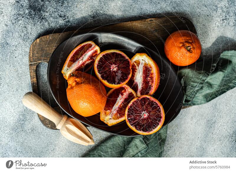 Frische Blutorangen in Scheiben geschnitten auf einer dunklen Küchenplatte Frucht Zitrusfrüchte saftig frisch dunkle Platte Holzbrett rustikal Lebensmittel