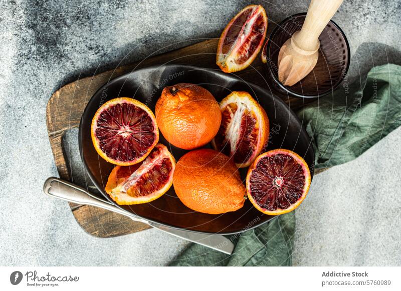 Frische Blutorangen bereit zum Entsaften Zitrusfrüchte Frucht Hälften halbiert rot pulsierend saftig frisch dunkle Platte Entsafter drücken Küche