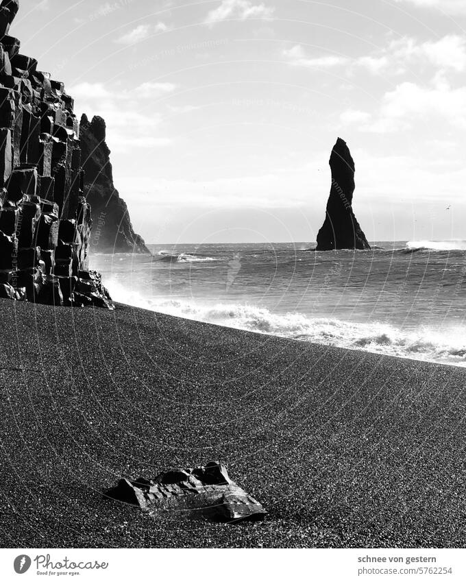 Graue Wellen Küste meer Meer Wasser Sand Landschaft Tourismus Ferien & Urlaub & Reisen Erholung Natur Strand Außenaufnahme Island Klima Umwelt Horizont Winter