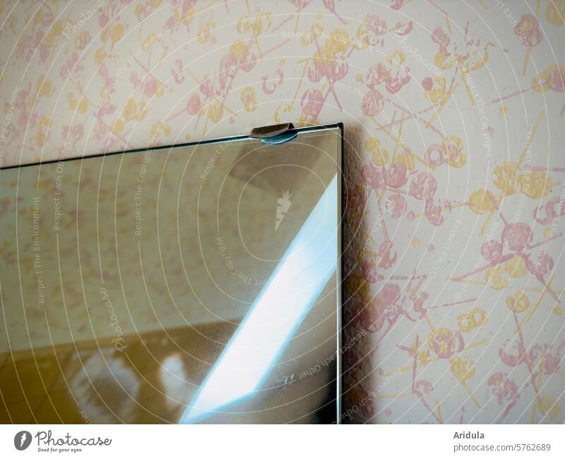 50er | Spiegel an Blütentapete Tapete retro 50er Jahre Stil Design alt Wand Raumgestaltung rosa gelb Spiegelung Fenster Licht Reflexion & Spiegelung Muster