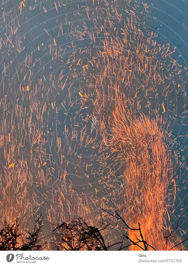 Osterfeuer Feuer Menschenleer brennen Funken Funkenflug Brand Feuerstelle Außenaufnahme Äste und Zweige orange heiß Wärme Hitze