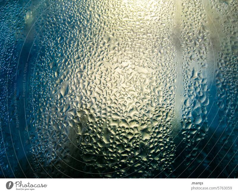 Kondensiert Wasser kondensieren Wassertropfen nass Fenster Fensterscheibe Kondenswasser abstrakt feucht Physik Wetter Tau Glas Glasscheibe Lichterscheinung