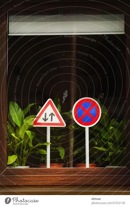 zwei Verkehrszeichen in Miniatur neben Grünpflanzen hinter einer Fensterscheibe Zweideutigkeit VZ Gegenverkehr VZ 125 Symbol Geschlechtsverkehr poppen