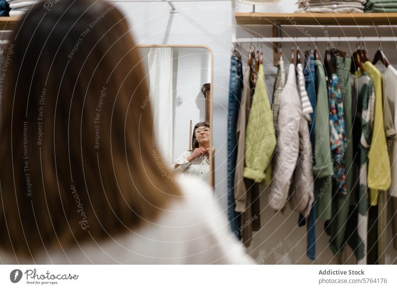 Frau beim Anprobieren von Kleidern für die Frühjahrsmode Spiegel Reflexion & Spiegelung versuchend Kleidung Frühling Mode Outfit Boutique Umkleideraum