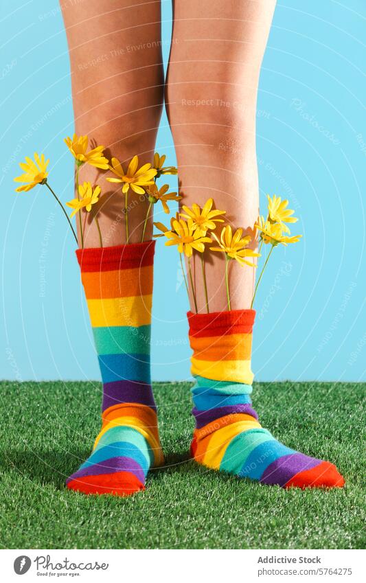 Bunte Socken und Frühlingsblumen auf einem verspielten Hintergrund abgeschnitten unkenntlich Person Stehen Gras farbenfroh gestreift gelb Blumen elastisch