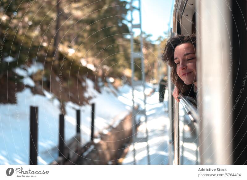 Frau blickt im Winter aus dem Zugfenster Fenster Ansicht sonnig Tag reisen Reise Passagier Transport Natur verschneite Wald Jugend Genuss im Freien Abenteuer