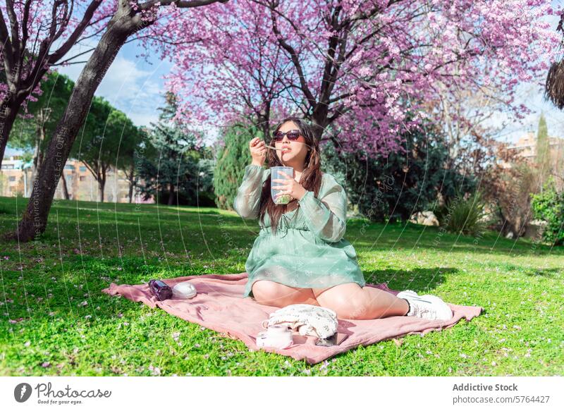 Frau genießt Picknick unter Kirschblüten im Park Frühling Überstrahlung Blüte im Freien Natur Freizeit Erholung friedlich rosa Decke solo genießend grünes Kleid