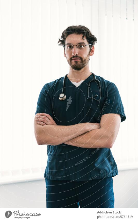 Ein entschlossener männlicher Mediziner in marineblauem Kittel verschränkt selbstbewusst seine Arme, ausgerüstet mit einem Stethoskop medizinisch professionell