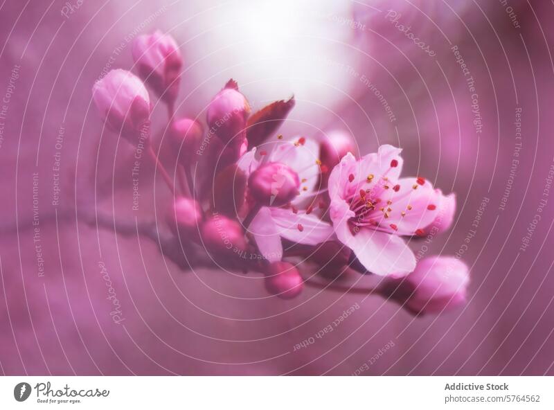 Gelassene Mandelblüten in zarten Rosatönen zartes Rosa ruhig Frühling Pastellfarbe geblümt filigran Gelassenheit violetter Hintergrund Natur Blütezeit