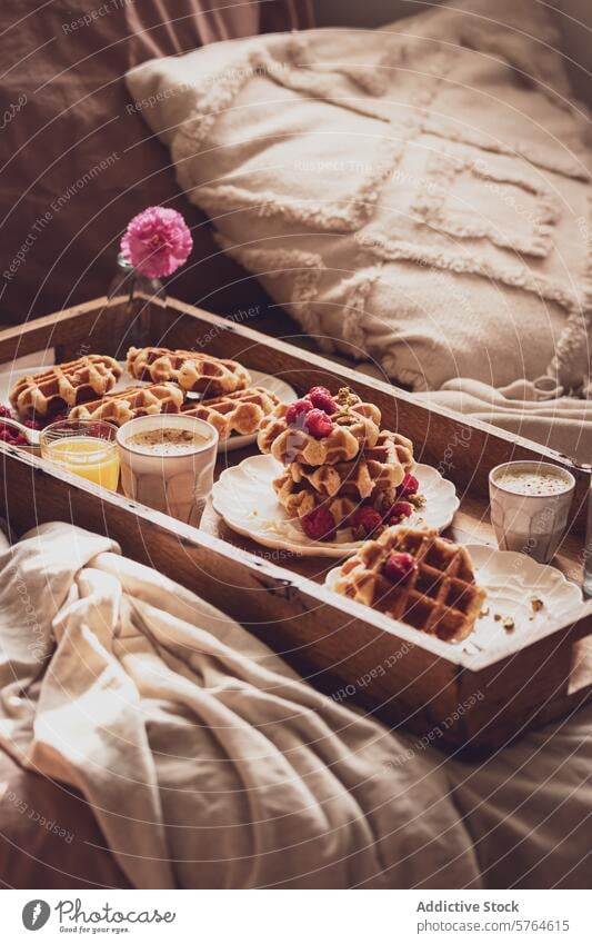 Gemütliches Frühstückstablett mit Waffeln und Kaffee im Bett Saft Himbeeren Decke Kopfkissen gemütlich warm gebacken Servieren frisch Belag heimwärts Morgen