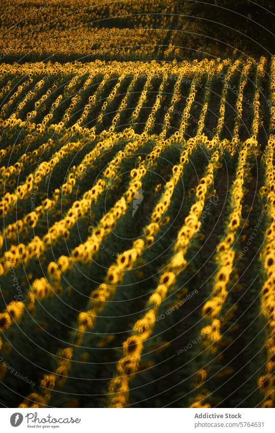 Goldene Sonnenblumenreihen in warmem Licht, Guadalajara Feld golden Spanien Ackerbau Natur Reihe Ernte Pflanze pulsierend Farbe Bauernhof ländlich Landschaft