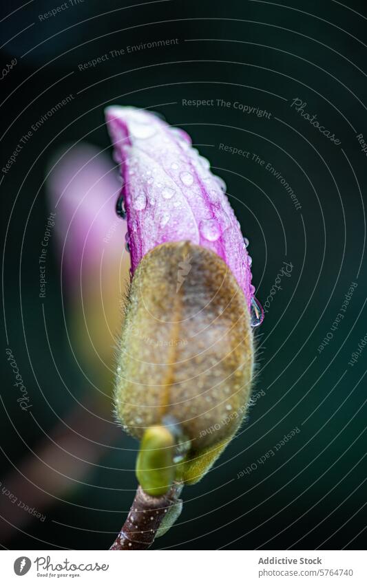 Eine Magnolienknospe fängt die Essenz eines frischen Regens mit zarten Wassertropfen ein, die ihre Blütenblätter schmücken. Generative KI Blütenknospen