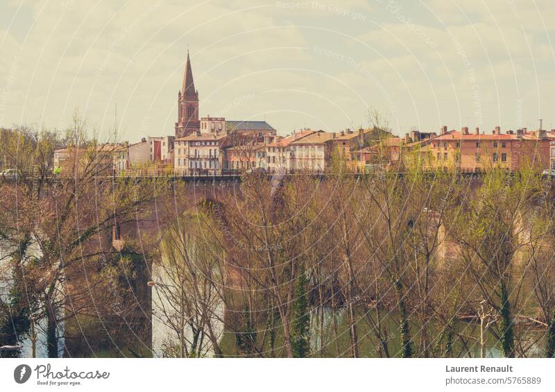 Fluss Lot mit alter Brücke und Stadt, Montauban, Lot, Okzitanien, Frankreich Architektur Gebäude Großstadt Stadtbild Ausflugsziel historisch Historie Los