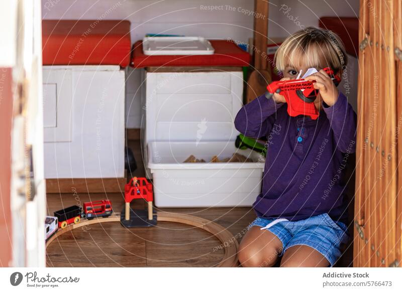 Kleiner Junge spielt in einem Familienvan spielen Spielzeug Kleintransporter heimwärts Innenbereich lebend Raum kompakt alternativ Lifestyle nomadisierend