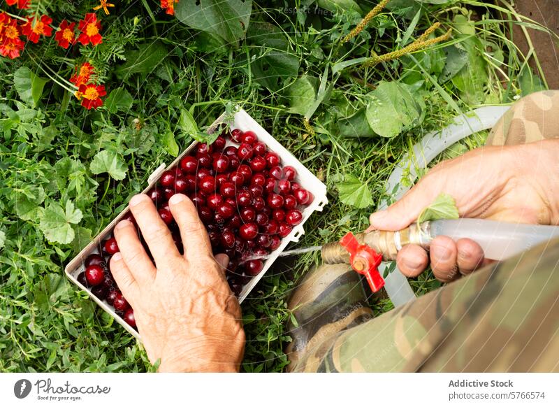 Anonymer Mann bewässert frisch gepflückte Kirschen in einem Korb Hand anonym Wasser Gras Wasserschlauch reif rot Kommissionierung Grün Frucht Pflege Ernte