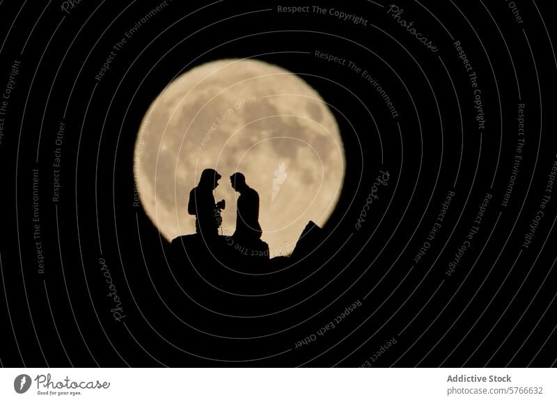 Eine romantische Silhouette eines Paares auf einer Klippe, das einen Moment unter dem herrlichen Vollmond teilt, was eine intime und surreale Atmosphäre schafft