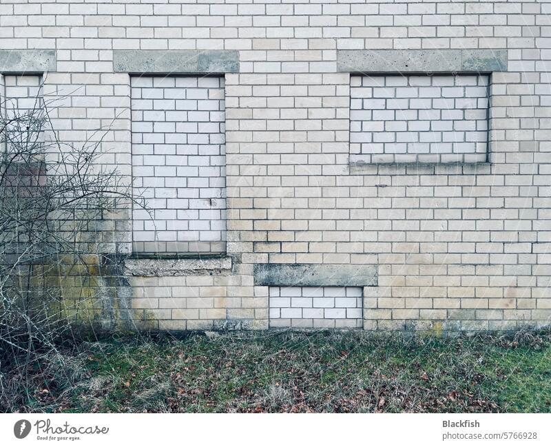 Hausfassade mit zugemauerten Fenstern Architektur grau Außenaufnahme Menschenleer Gedeckte Farben Farbfoto Fassade eckig Tag Wand Gebäude Mauer