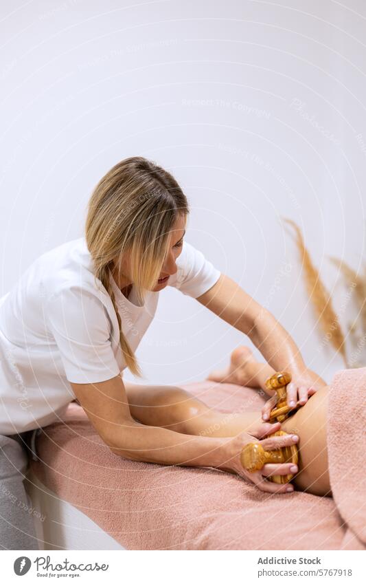 Therapeut bei einer Massage mit Holzwerkzeugen Erwachsener Anti Anti-Cellulite Schönheit Körper Körperpflege Körperteil Pflege Umlauf Klient Textfreiraum