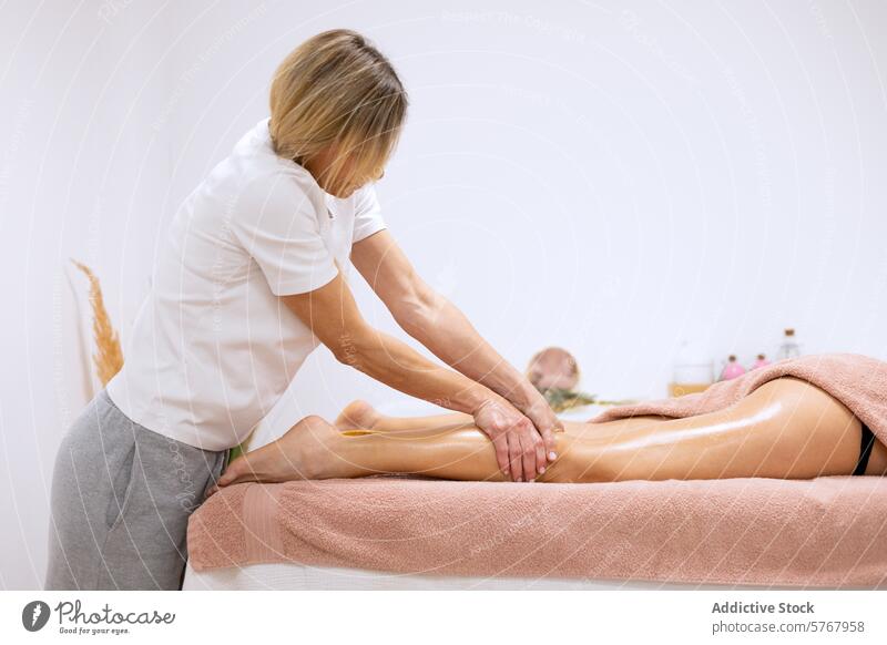 Masseurin bei einer entspannenden und entlastenden Beinmassage Erwachsener Körper Körperpflege Wade Pflege Cellulite Chiropraktik Frau Fuß Mädchen Hand Heilerin