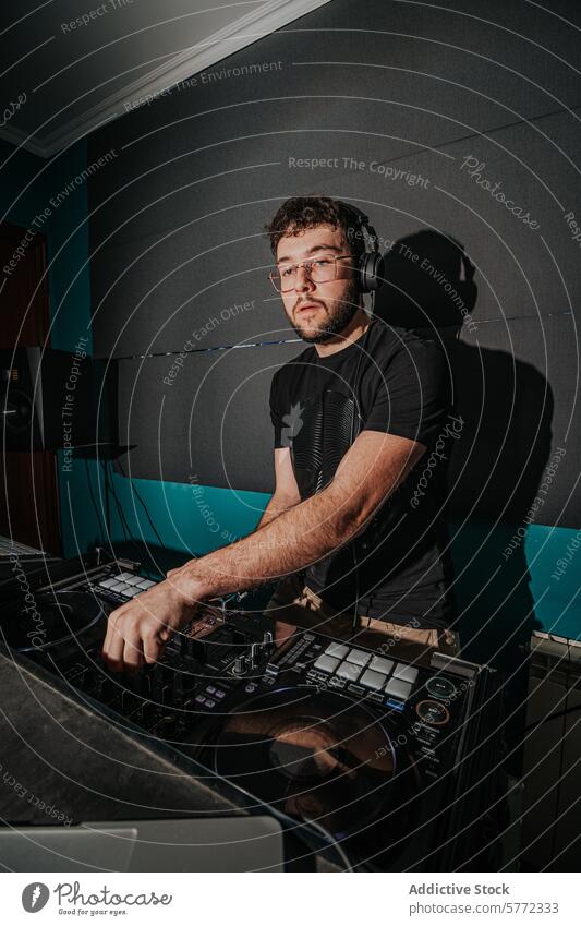 Konzentrierter DJ beim Mischen von Tracks in einem Heimstudio dj Musik Bahn Kopfhörer Atelier heimwärts Klang mischen Schiffsdeck Produzent Audio Gerät