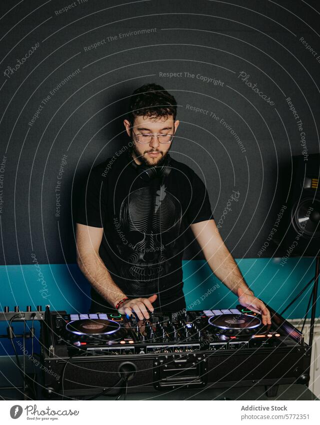 Konzentrierter DJ beim Mischen von Tracks in einem Club-Setup dj Musik Mixer Kopfhörer Plattenteller Klang Party Leistung elektronisch Audio Entertainment