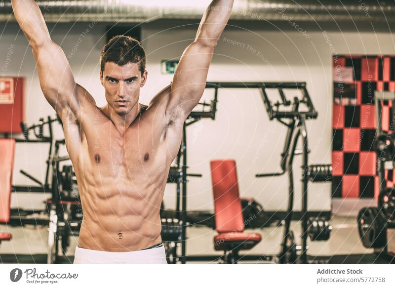 Muskulöser Mann macht Klimmzüge Fitnessstudio muskulös erhängen passen Athlet Sport Übung Körper Training männlich Kraft Gesundheit Muskel stark Erwachsener