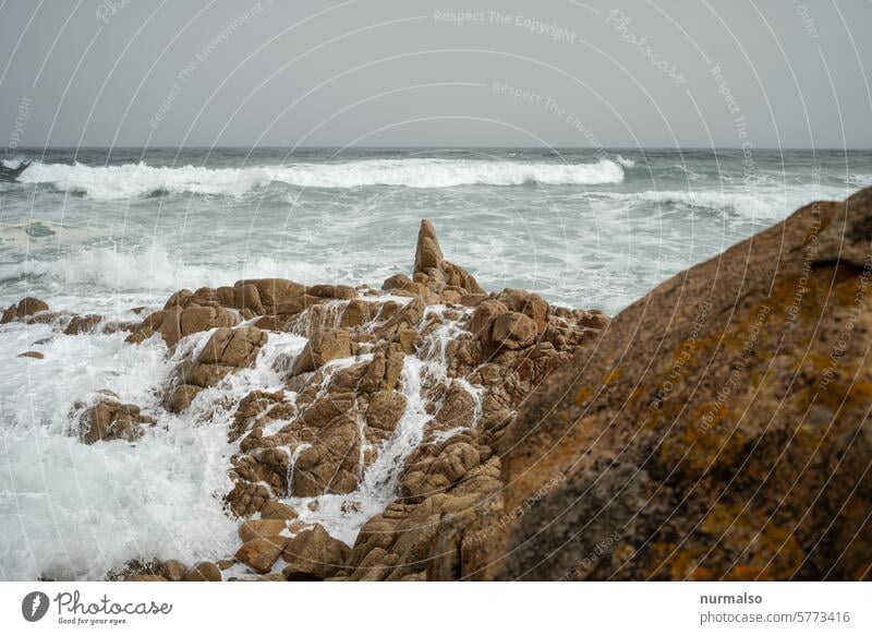 Raue Mittelsee Mittelmeer Wellen Italien Sardinien Felsen Dühnung Wind Sturm Wetter Klima Urlaub Natur Naturgewalt Gischt Ferne Westen Lebensqualität Sehgeln