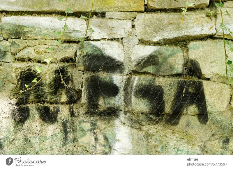 MEGA steht in schwarzen Großbuchstaben an einer Steinwand mega super Graffiti megamäßig Präfix Vorsilbe Lob Millionenfaches Schmiererei Jugendsprache Design