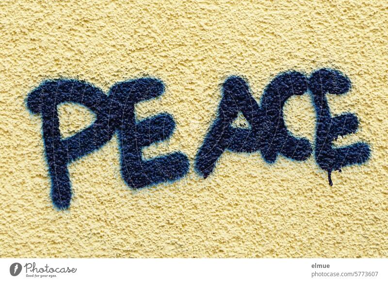 PEACE steht in dunkelblauen Großbuchstaben an der Hauswand Peace Frieden Graffiti Friedenswunsch Politik & Staat Menschenrechte Hoffnung englisch Menschlichkeit